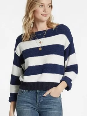 Free People Found My Friend Striped Bouclé Knit Sweater Navy Blue White Size XS thumbnail 1