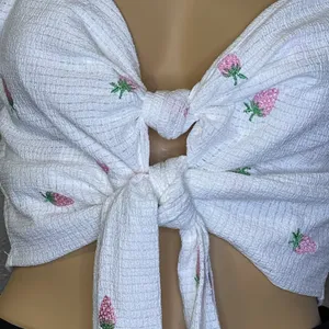 Strawberry Printed 5/8 Sleeve Waist Tie Crop Top White Pink Large thumbnail 4
