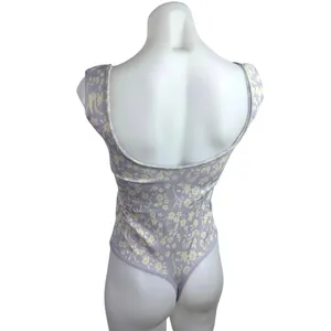 Free People Clean Lines Purple Floral Sleeveless Thong Bodysuit Tank Top Sz M/L thumbnail 2