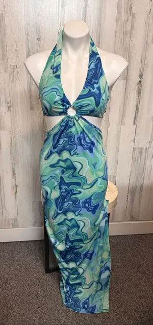 Haute Monde Cutout Maxi Dress Womens Small Blue Green Swirl O-Ring Halter Neck thumbnail 1