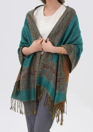 Pashmina Silk Blend Decorative Traditional Paisley Fringe Woven Reversible Scarf thumbnail 1