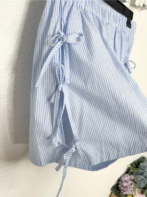 Miss Sparkling Blue Stripe High Waist Shorts Side Tie Pocket Casual Summer Short thumbnail 4