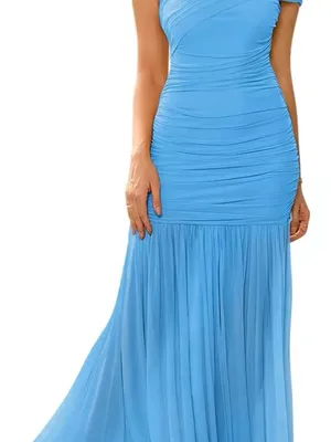 Formal Long Dress One Shoulder Ruched Kentucky derby Evening Gown Blue Large NWT thumbnail 2