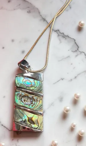 Abalone Paua Shell Inlay Rectangle Pendant Necklace Gold Tone Snake Chain Boho thumbnail 1