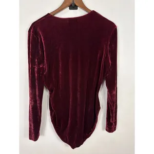 Ann Taylor Bodysuit Womens Large Burgundy Velvet Long Sleeve Vintage 90s Wine thumbnail 2