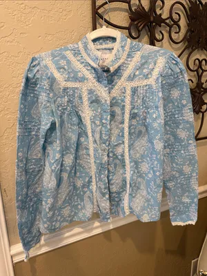 The Shirt by Rochelle Behrens Light Blue Paisley Blouse with Cream Trim thumbnail 1