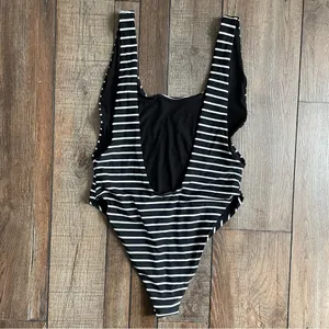 Aerie Womens Swim One Piece Black White Stripe Low Back Side Boob Size Large thumbnail 4