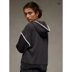 American Eagle Grey Hoodie Whipstitch Crochet Contrast Trim Oversized XL thumbnail 2