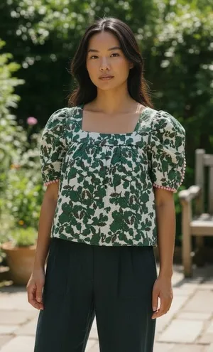THML Green Printed Puff Sleeve Textured Top Blouse Small thumbnail 1