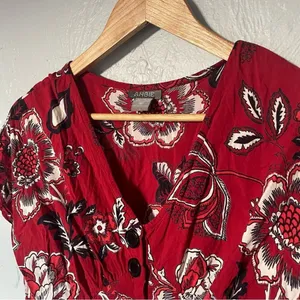 Angie‎ Red Floral Flutter Sleeve Miss Honey Button Front Sundress sz Medium thumbnail 2