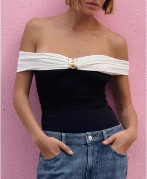 Zara Black and White Off-Shoulder Top thumbnail 1