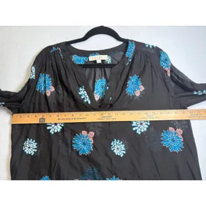 Loft Floral Border Print Split Neck Blouse Black Blue Boho Top Medium thumbnail 9
