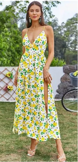Womens Lemon Print Maxi Dress Halter Neck Size S Slit White‎ Yellow Fun Party thumbnail 1