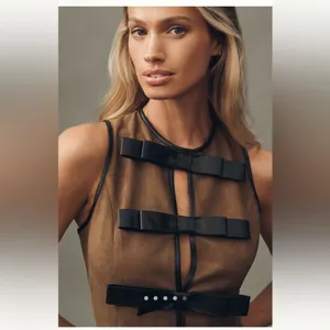 Flat White Faux-Suede Sleeveless Bow-Trim Mini Dress thumbnail 4