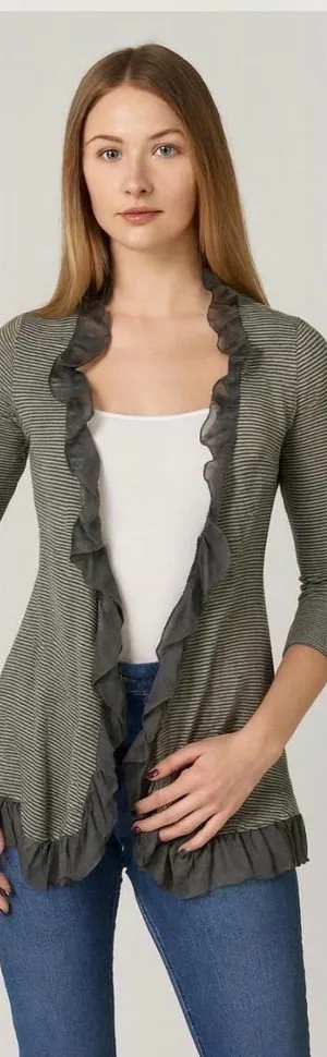 Guinevere Anthropologie Olive Green Striped Ruffle Open Front Cardigan Sz S thumbnail 1