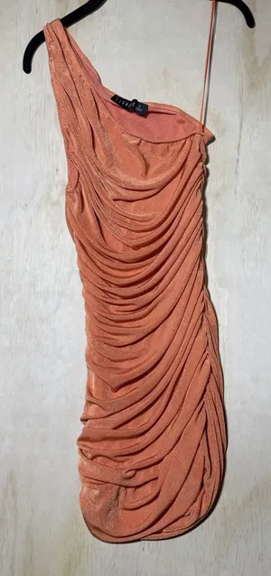 Lioness One Shoulder Ruched Mini Dress‎ Orange Shimmer Bodycon Women's Small thumbnail 1