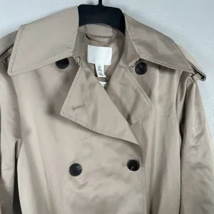 NEW H&M Trench Coat Womens XS Beige Khaki Double Breasted Belted Long $139MSRP thumbnail 3