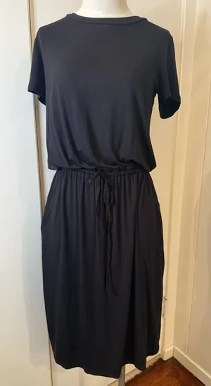 Everyday Black Drawstring Waist Maxi Dress black Tee shirt dress Sz S NWT thumbnail 1