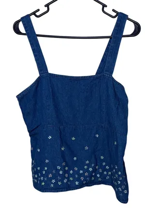 Anchor Blue Vintage Denim Floral Embroidered‎ Tank Top M Blue 90s thumbnail 1