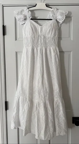 Made in Italy White Eyelet Ruffle Strap Bustier Cinched Line Dress 100% Cotton thumbnail 1