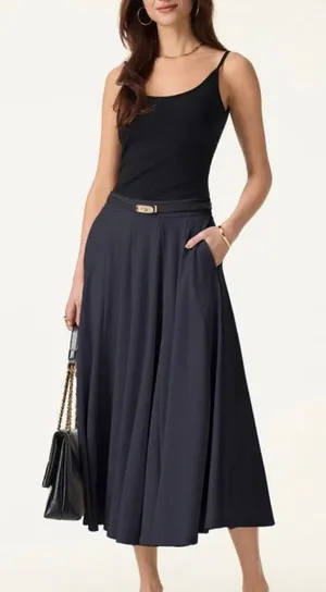 OGL Brand New Women Size M Pleated Long Flowy Maxi Skirt Navy Blue thumbnail 1