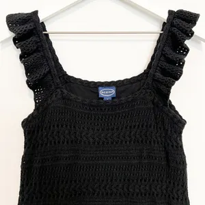 Crochet Mini Dress Size S Black Ruffle Strap Open Knit Lined Party Dark Coquette thumbnail 4