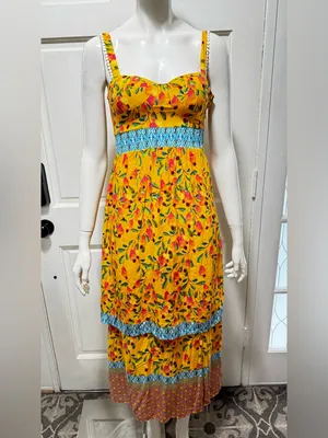 FARM Rio for Anthropologie Anjou Yellow Floral Maxi Dress with Blue Trim Size 0 thumbnail 4