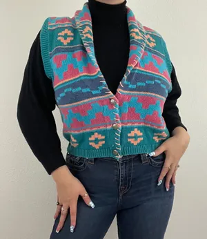 Vintage 90s Teal Blue Pink Southwestern Aztec Button Up Sweater Vest thumbnail 1