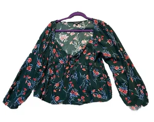 American Eagle Womens Large Peplum Top Blue Floral Tie Front Balloon Sleeve Boho thumbnail 1