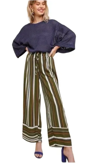 Womens Umgee Wide Leg Striped Pallazo Cropped Drawstring Pull-On Pants - Sz S thumbnail 1