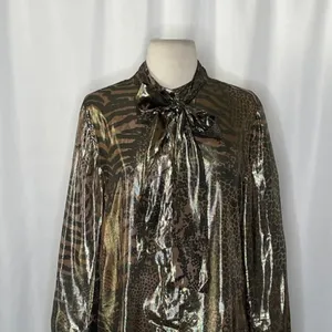 REISS Kendall Metallic Animal Print Tie Neck Blouse Gold Buttondown Size 8 thumbnail 3