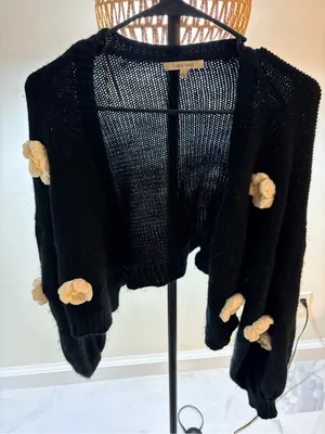 Love Tree Black Cropped Cardigan with Cream Floral Appliqués thumbnail 1