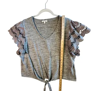 Maurices Gray Tie Front Top Crochet‎ Lace Flutter Sleeves Women's Size XL thumbnail 6