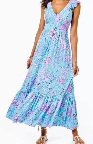 Lilly Pulitzer bohemian preppy ruffle vyra maxi blue long formal dress size 4 thumbnail 1