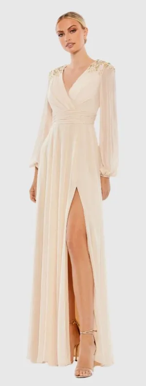 MAC DUGGAL Beige Embellished Shoulder Blouson Sleeve Evening Gown Size 8 thumbnail 1