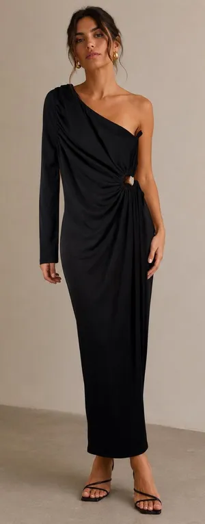 Hello Molly Black One‎ Shoulder Midi Dress Side Cutout Womens US 4 AU 8 thumbnail 1