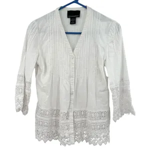 Cynthia Rowley Size Small White Button Up Shirt Blouse Top Linen Blend‎ Crochet thumbnail 1