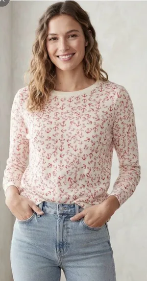 Old Navy Womens Anchor Print Crewneck Sweater Cream Red Nautical Cotton XL thumbnail 1