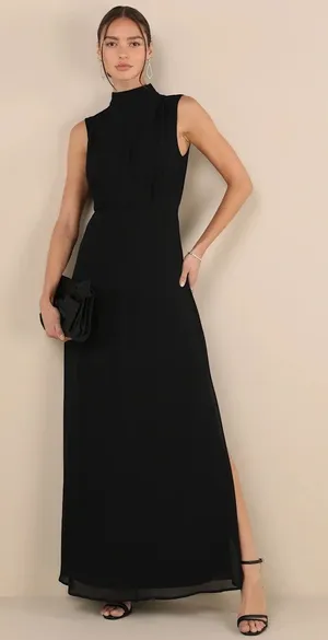 Lulus Classic Elegance Black Chiffon Sleeveless Mock Neck Maxi Dress Size XL thumbnail 1