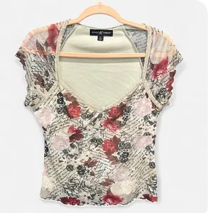 Almost Famous Sheer Floral Graphic Mesh Going Out Top Y2K Boho Size L thumbnail 4