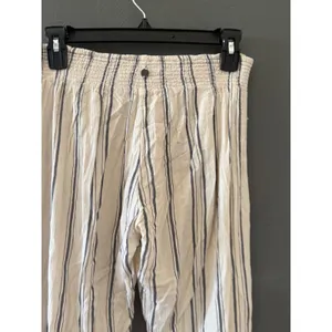 Billabong Womens Striped Wide Leg Linen Blend Pants‎ Cream Navy Blue Coastal L thumbnail 5