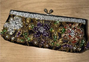 Small Satin Clutch Stitched And Beaded NWOT Floral Double Strap Handle T thumbnail 1
