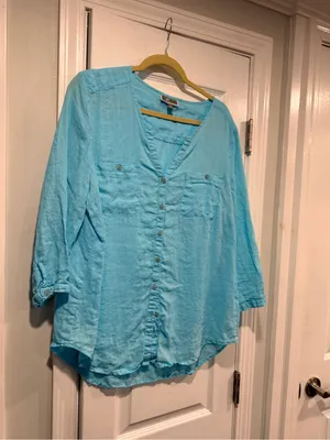 JM Collection Size 14 Aqua Blue Linen Button Down Collarless Beachy Tunic Top thumbnail 6