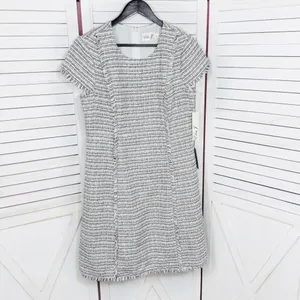 Eliza J Spring Tweed Fringe Hem Fit‎ Flare Dress White Pink Black Size 12 thumbnail 10