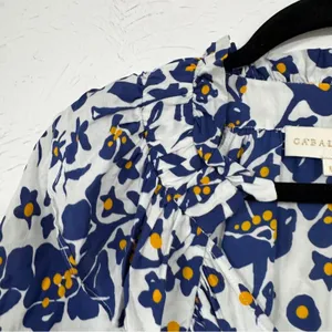Cabellero Blue White Floral Silk Blend Blouse Womens L Puff Sleeve Boho Shirt thumbnail 3
