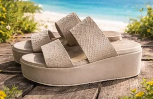 J/Slides NYC Womens 8.5 Taupe Snakeskin Embossed Leather Platform‎ Slide Sandals thumbnail 1