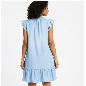 Time and Tru Womens Dress Size M Light Blue Split Neck Flounce Hem Casual Ruffle thumbnail 5