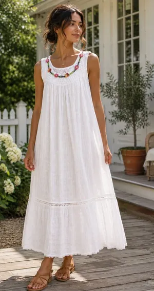 Handmade Cadeltef Ecuador White Cotton Crochet Floral Maxi Dress Boho Cottagecore thumbnail 1