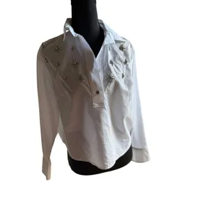 Talbots Petite White Cotton Popover Shirt Rhinestone Embellished Western Country thumbnail 3