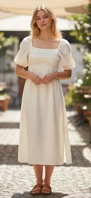 Forever 21 Women's M Cream Linen Blend Smocked Puff Sleeve Open Back‎ Midi Dress thumbnail 1